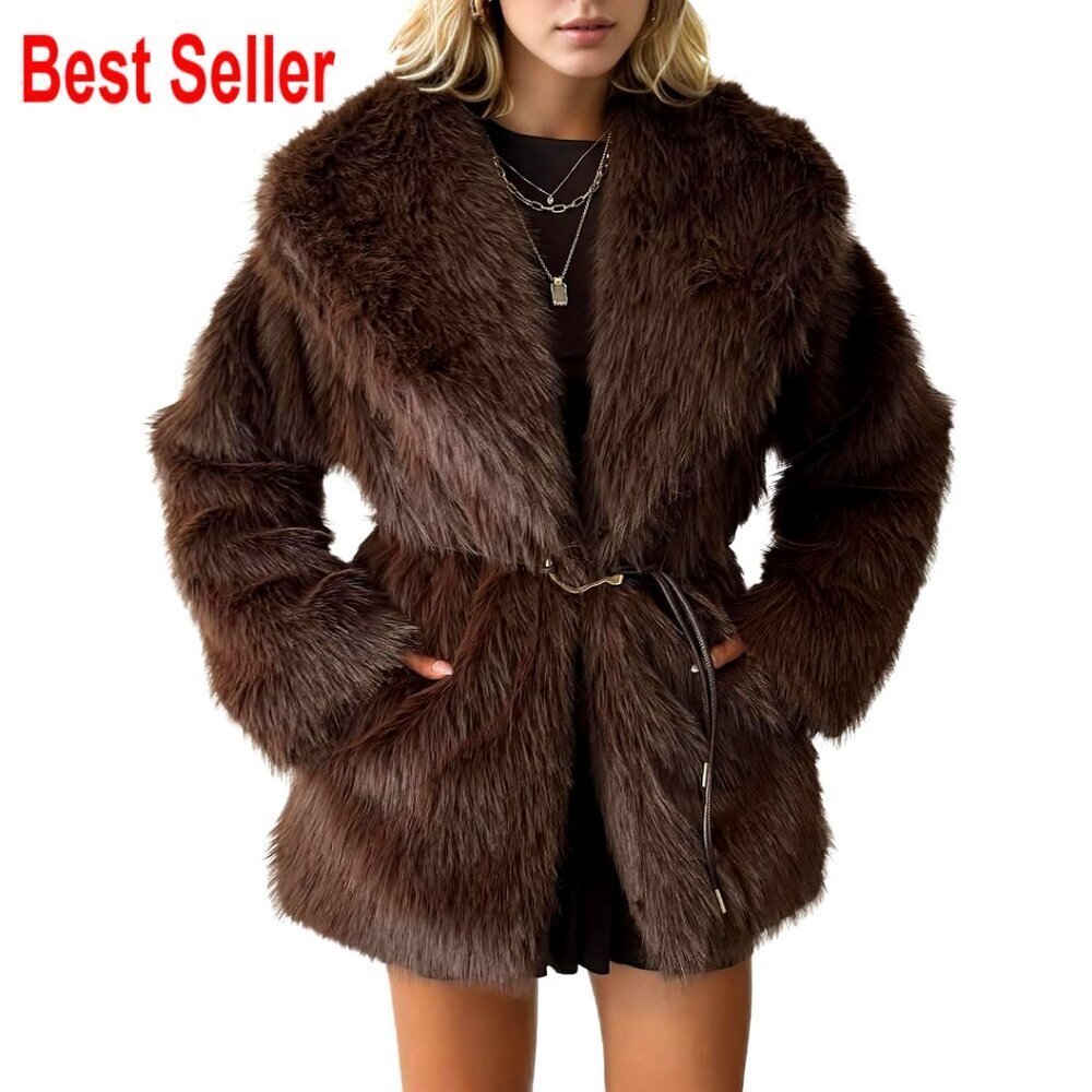 Mid-Length Faux Fur Coat Winter Warm Fluffy Jacket Lapel Fashion